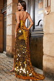 Glitter Golden Mermaid Halter Long Mirror Prom Dress With Slit