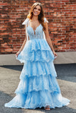 Light Blue A Line Sweetheart Bow Tie Straps Sequin Long Tiered Prom Dress With Appliques