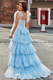 Light Blue A Line Sweetheart Bow Tie Straps Sequin Long Tiered Prom Dress With Appliques