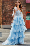 Light Blue A Line Sweetheart Bow Tie Straps Sequin Long Tiered Prom Dress With Appliques