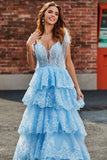 Light Blue A Line Sweetheart Bow Tie Straps Sequin Long Tiered Prom Dress With Appliques