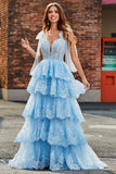 Light Blue A Line Sweetheart Bow Tie Straps Sequin Long Tiered Prom Dress With Appliques