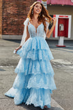 Light Blue A Line Sweetheart Bow Tie Straps Sequin Long Tiered Prom Dress With Appliques