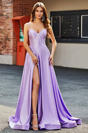 Sparkly Lilac A Line Spaghetti Straps Long Corset Prom Dresses With Rhinestones