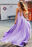 Sparkly Lilac A Line Spaghetti Straps Long Corset Prom Dresses With Rhinestones