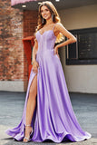 Sparkly Lilac A Line Spaghetti Straps Long Corset Prom Dresses With Rhinestones