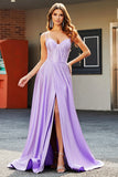 Sparkly Lilac A Line Spaghetti Straps Long Corset Prom Dresses With Rhinestones