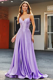 Sparkly Lilac A Line Spaghetti Straps Long Corset Prom Dresses With Rhinestones