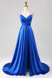 A Line Satin Royal Blue Spaghetti Straps Prom Dress with Slit