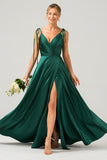 Dark Green A-Line Spaghetti Straps Satin Long Bridesmaid Dress With Slit