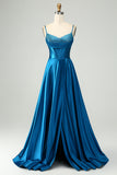 Sparkly Rhinestone Lace Up A-Line Satin Floor-Length Prom Dress with Slit