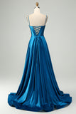 Sparkly Rhinestone Lace Up A-Line Satin Floor-Length Prom Dress with Slit