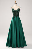 A-Line Sequins Dark Green Spaghetti Straps Long Prom Dress with Lace-up Back