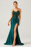 Dark Green A-Line Spaghetti Straps Sequin Bridesmaid Dress With Slit
