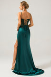 Dark Green A-Line Spaghetti Straps Sequin Bridesmaid Dress With Slit