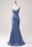 Grey Blue Mermaid Satin Spaghetti Straps Long Bridesmaid Dress