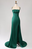 Dark Green Sheath Spaghetti Straps Long Prom Dress With Slit