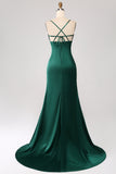 Dark Green Long Sheath Spaghetti Straps Bridesmaid Dress With Slit