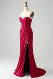 Sweetheart Corset Burgundy Lace Up Sheath Prom Dress with High Slit