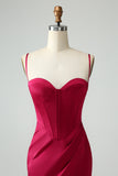 Sweetheart Corset Burgundy Lace Up Sheath Prom Dress with High Slit
