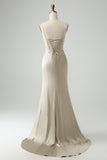 Dusty Blue Corset A Line Satin Bridesmaid Dress with Slit