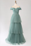 Grey Green A Line Tulle Tiered Pleated Off the Shoulder Prom Dress