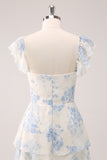 White Blue Flower Sweetheart Tiered A-Line Floral Bridesmaid Dress