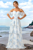 White Blue Floral Printed Sweetheart Tiered Chiffon Bridesmaid Dress