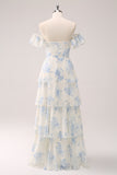 White Blue Flower Print Tiered Off the Shoulder Floral Bridesmaid Dress