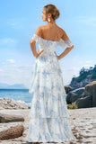 White Blue Floral Printed Sweetheart Tiered Chiffon Bridesmaid Dress