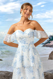 White Blue Floral Printed Sweetheart Tiered Chiffon Bridesmaid Dress