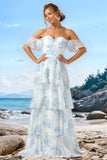 White Blue Floral Printed Sweetheart Tiered Chiffon Bridesmaid Dress