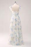 White Blue Flower Sweetheart Tiered A-Line Floral Bridesmaid Dress