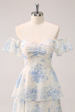 White Blue Flower Print Tiered Off the Shoulder Floral Bridesmaid Dress