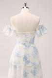 White Blue Flower Sweetheart Tiered A-Line Floral Bridesmaid Dress