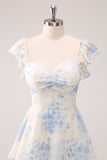 White Blue Flower Sweetheart Tiered A-Line Floral Bridesmaid Dress