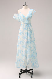 Stylish White Blue Flower A-Line Chiffon Bridesmaid Dress