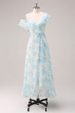 Stylish White Blue Flower A-Line Chiffon Bridesmaid Dress