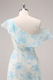 Stylish White Blue Flower A-Line Chiffon Bridesmaid Dress