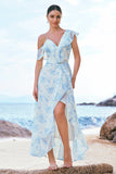 Stylish White Blue Flower A-Line Chiffon Bridesmaid Dress