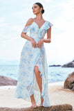 White Blue A-Line Chiffon Floral Bridesmaid Dress with Slit