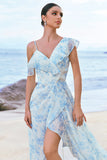 White Blue A-Line Chiffon Floral Bridesmaid Dress with Slit