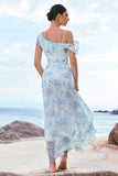 White Blue A-Line Chiffon Floral Bridesmaid Dress with Slit