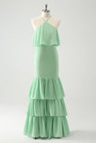 Green Tiered Chiffon Mermaid Halter Tiered Wedding Guest Dress