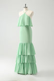 Green Tiered Chiffon Mermaid Halter Tiered Wedding Guest Dress