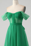 Off the Shoulder Dark Green Pleated A Line Tulle Bridesmaid Dress