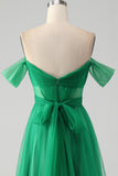 Off the Shoulder Dark Green Pleated A Line Tulle Bridesmaid Dress
