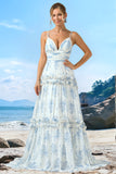 White Blue A Line Spaghetti Straps Floral Printed Bridesmaid Dress