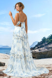 White Blue A Line Spaghetti Straps Floral Printed Bridesmaid Dress