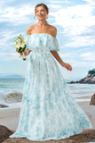 White Blue Off the Shoulder Ruffled Floral A Line Bridesmaid Dress